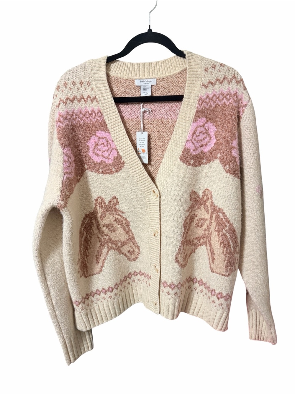 Haute Hippie Cream & Blush Horse-Pattern V-Neck Cardigan XL